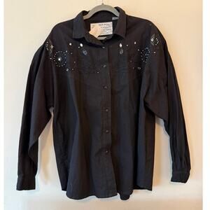 Vtg ANDREW SPORT “Glitz” Embellished Western Blouse – Black Button-Up (NWT) Sz L